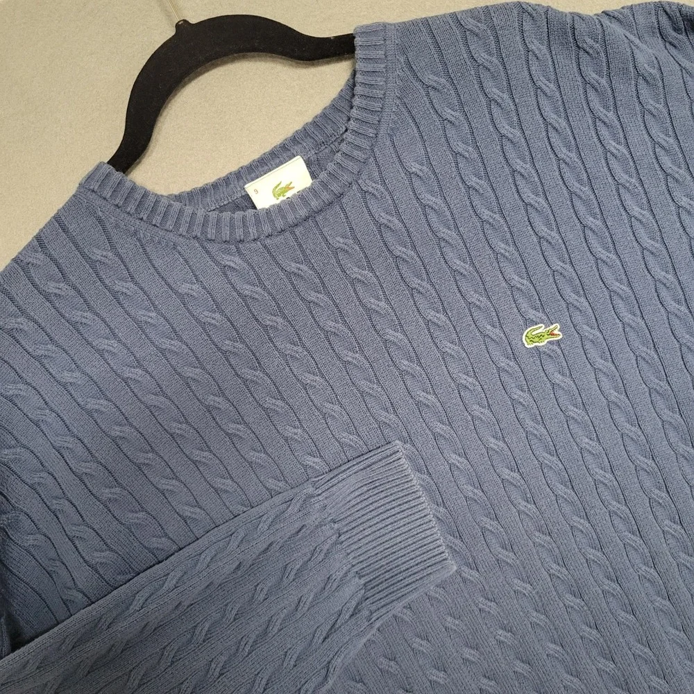 Lacoste Mens Blue Cable Knit Crew Neck Sweater Sz 9 4XL Embroidered Logo Cotton